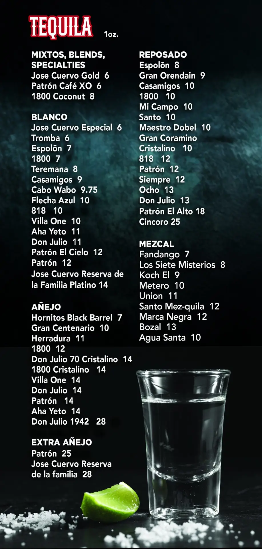 Tequila menu with shot glass, lime, and salt
